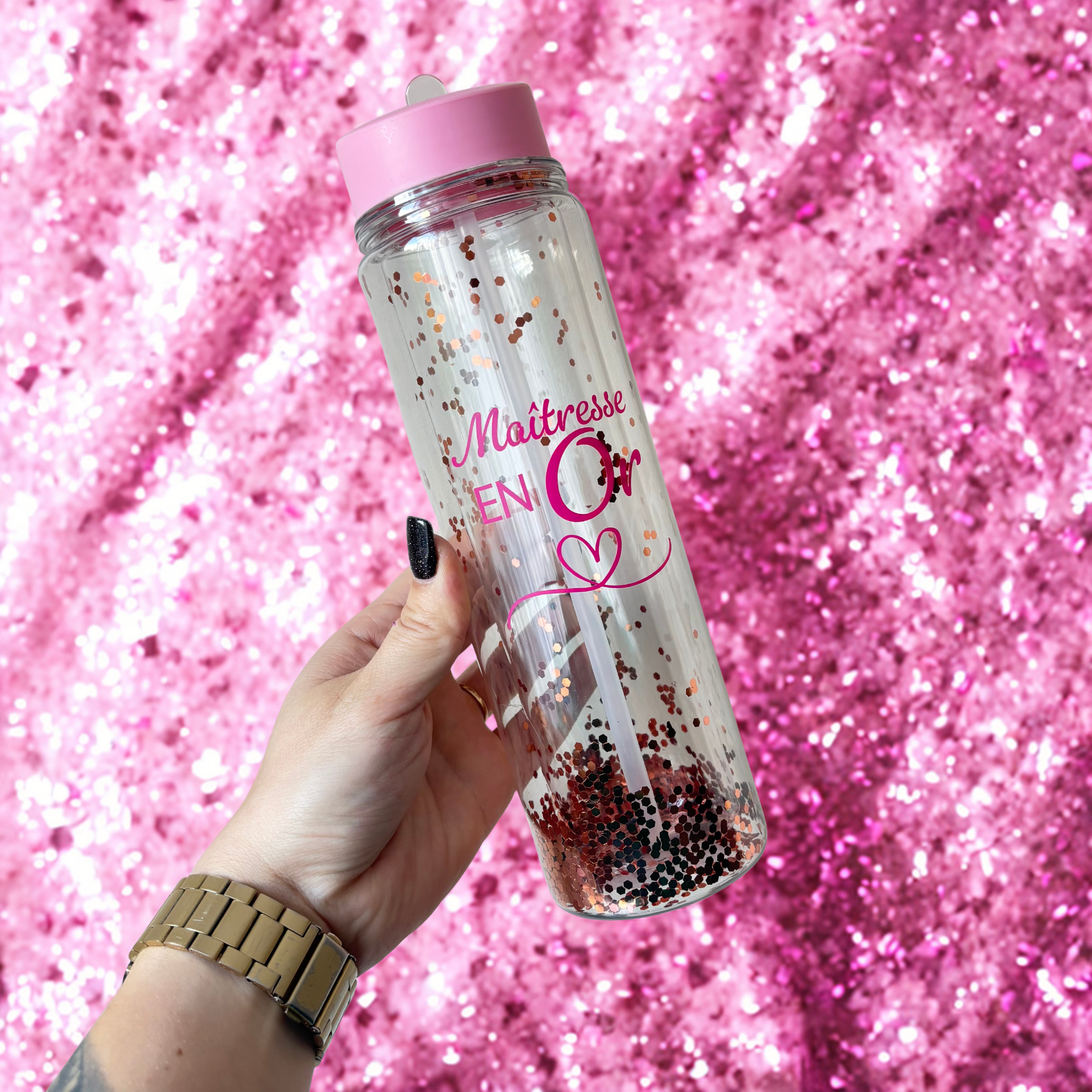 Gourde double paroi paillettes avec paille - Maîtresse en Or idée cadeau