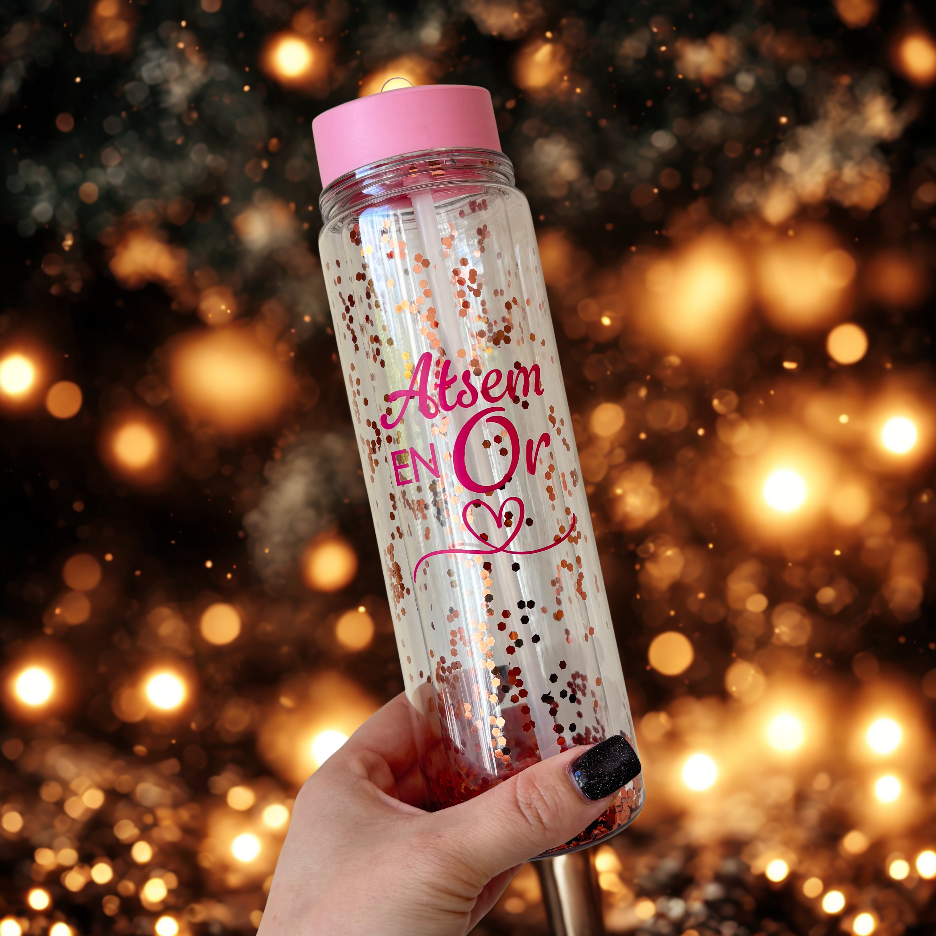 Gourde double paroi paillettes avec paille - ATSEM en Or idée cadeau